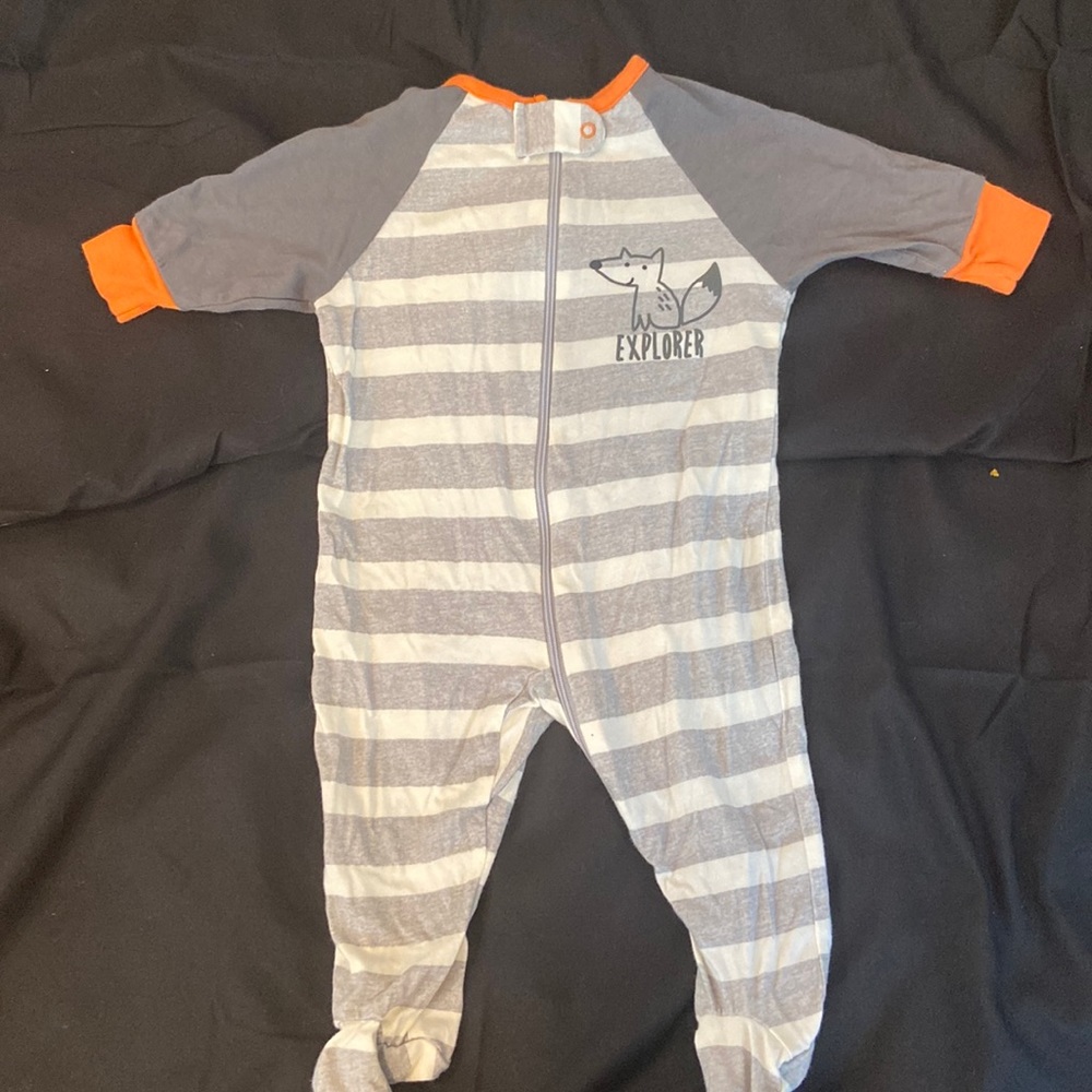 Size 0 to 3 months gray orange white striped zip up long sleeve onesie with fox